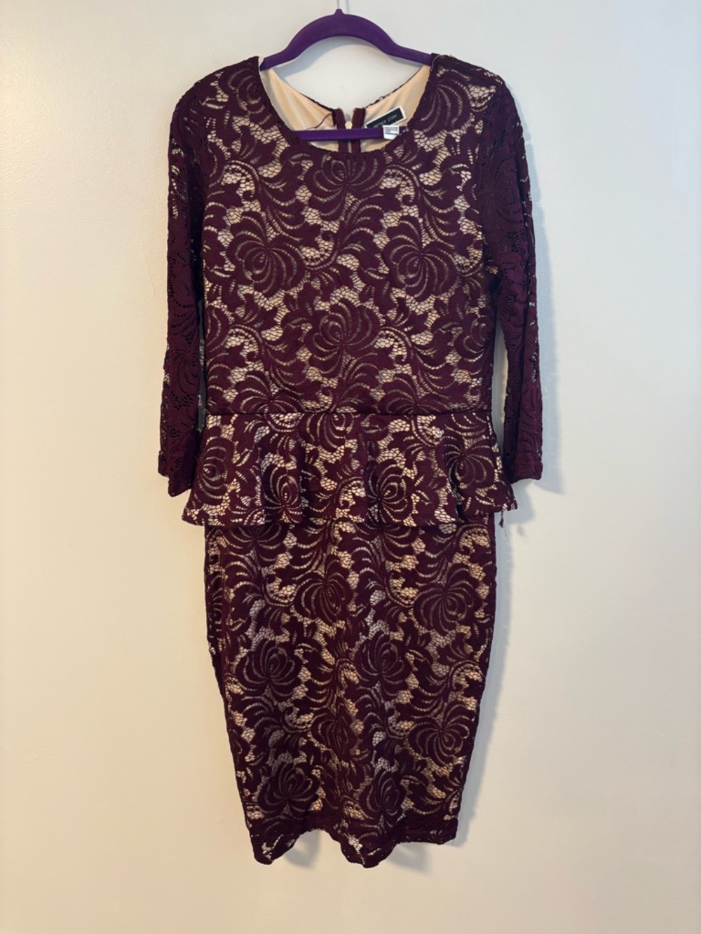 Another Story Floral Lace Peplum Midi Long Sleeve Dress Burgundy Cream Large